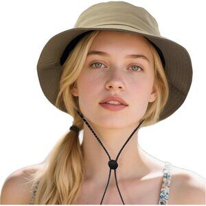 Womens Khaki 100% Polyester Wide Brim With Adjustable Chin Strap Bucket Sun Hat